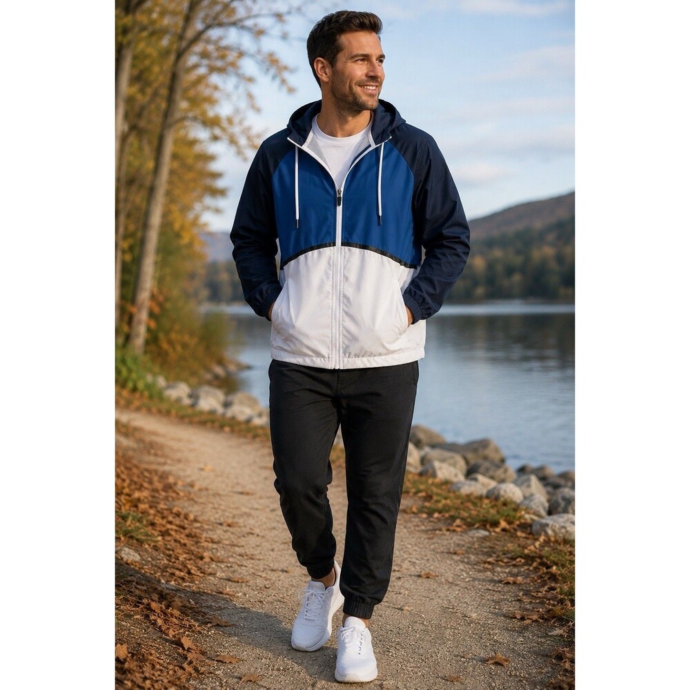 Athletic Works Blue White Hooded Windbreaker Jacket Mesh Lined Men’s Large Zip